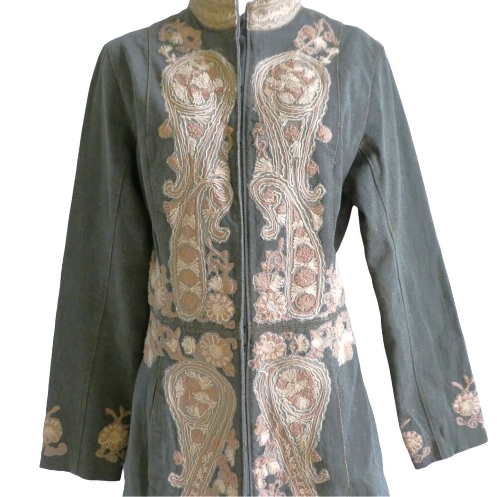 Vintage 90s Designer Flower Embossed Denim Trench Coat 3D Paisley Satin Lined 10 - Picture 4 of 14